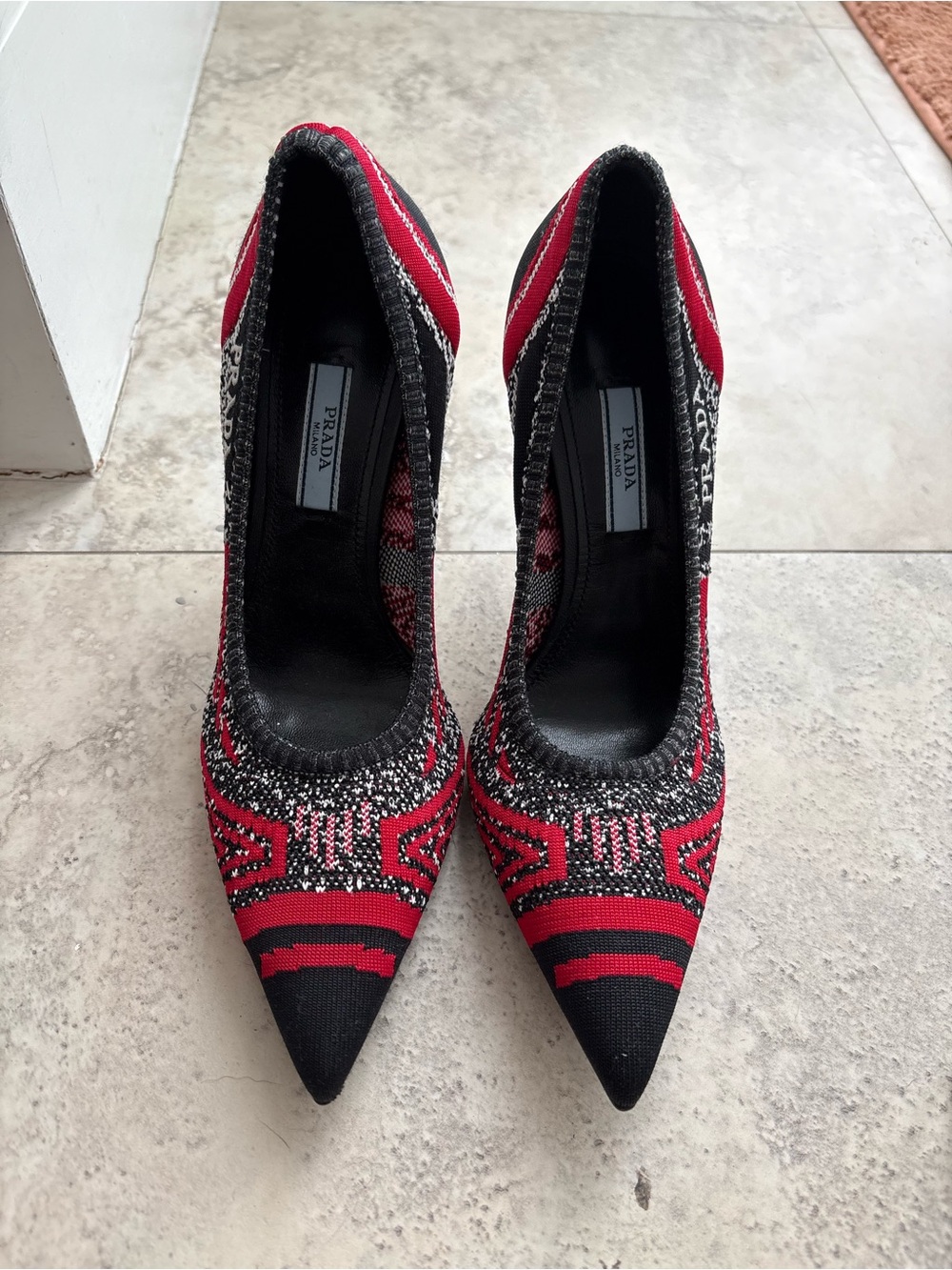 Prada Red and Black Patterned Pointed-Toe Knit Pumps